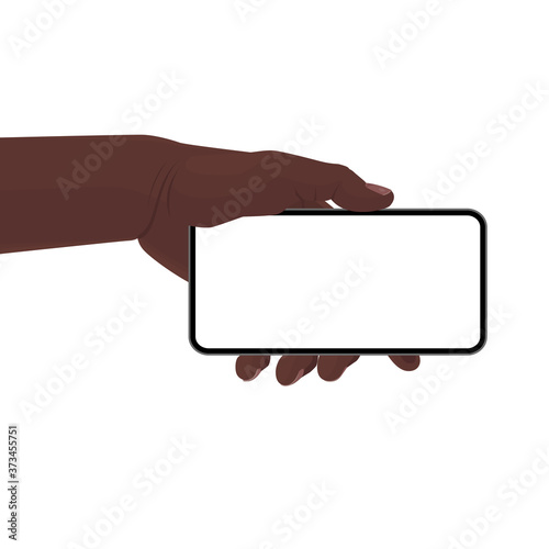 Hand holding the black smartphone with blank screen and modern frameless design. Template vector illustration on isolated background. 