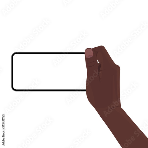 Hand holding the black smartphone with blank screen and modern frameless design. Template vector illustration on isolated background. 