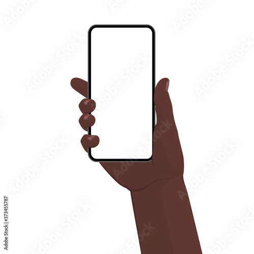 Hand holding the black smartphone with blank screen and modern frameless design. Template vector illustration on isolated background. 