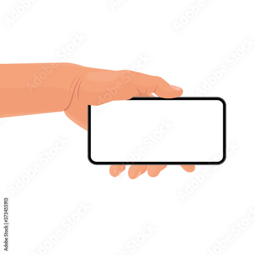 Hand holding the black smartphone with blank screen and modern frameless design. Template vector illustration on isolated background. 