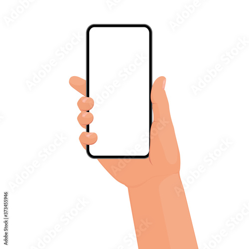 Hand holding the black smartphone with blank screen and modern frameless design. Template vector illustration on isolated background. 
