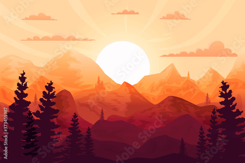Sunset in the mountains  beautiful landscape  big sun  forest silhouette. Can be used as background and wallpaper.
