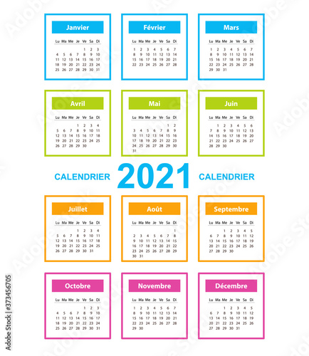 Calendar on 2021 year  French. Color with square shape. Week starts from Monday. Vector template calendar for business on white background. square color frame.