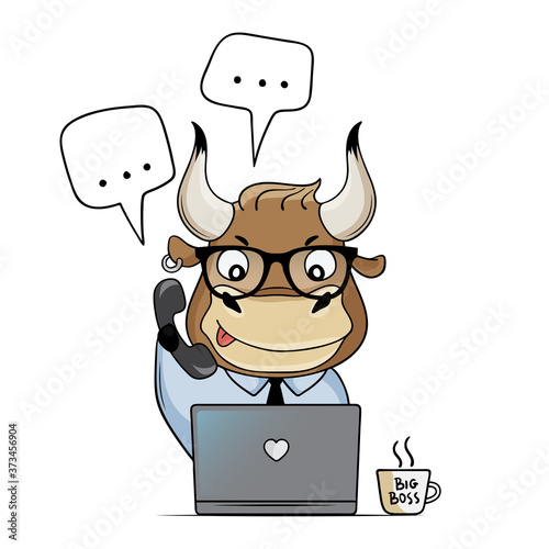 Сute bull works in the office with a laptop. Cartoon bull answers calls and messages. Symbol of 2021. Vector illustration