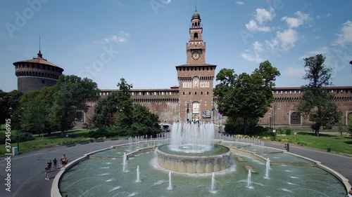 Milan, Italy. View of piazza Castello’s fountain and Sforzesco Castle