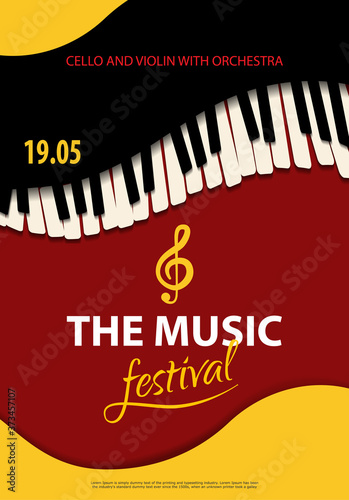Poster Music festival, vector concept. Style Paper art. Layout brochure with text and with piano keys on red background. Bright vertical banner.