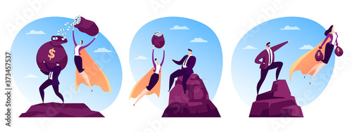 Financial success for man person, woman hero character fly with flat finance vector illustration. Business superhero leader for professional powerful money safe. Manager in red save finance by power.