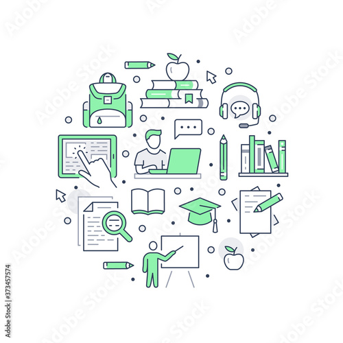 Online Education poster with line icons. Vector circle illustration for brochure included icon as student, computer, books, teacher, laptop green outline pictogram for home schooling, university
