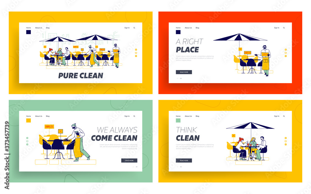 Fototapeta Restaurant Disinfection Landing Page Template Set. Coronavirus Infection Prevention. Characters Sit at Outdoor Cafe