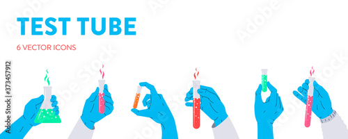 Test tubes in the hands. Set of 6 vector illustrations of gloved hands holding different test tubes. Icons of a bright liquid in a vial. Concept of vaccine, chemical expirements, medical research