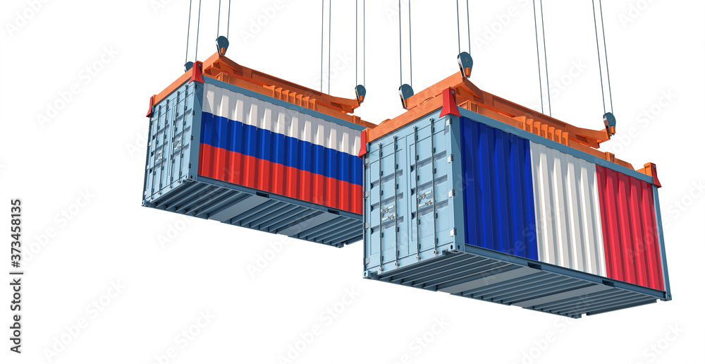 Freight containers with Russia and France flag. 3D Rendering 