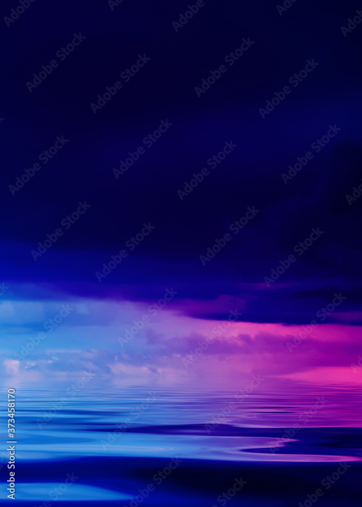 Dark abstract background in ultraviolet color. Night sky background, reflection of sunset on water, smoke, fog. Night landscape. 3d illustration