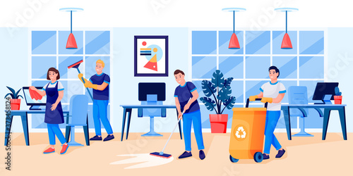 Cleaning service team cleans office. Vector illustration. Men women professional workers wash windows, cleaning garbage
