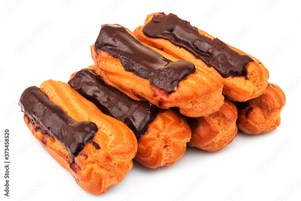 Group of tasty eclairs with custard and chocolate icing isolated on white background. Sweet pastry products. Group of tasty eclairs with custard and chocolate icing isolated on white background. Sweet pastry products.