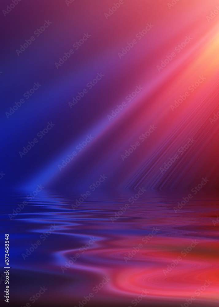 Abstract dark futuristic background. Neon rays of light are reflected from the water. Background of empty stage show, beach party. 3d illustration Abstract dark futuristic background. Neon rays of light are reflected from the water. Background of empty stage show, beach party. 3d illustration