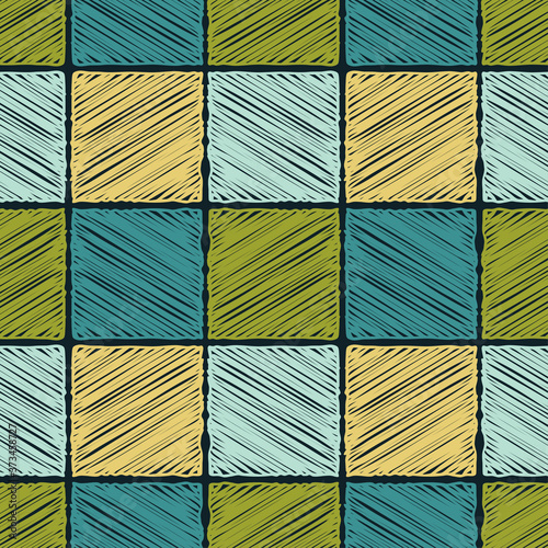 Mosaic with geometric shapes. Seamless pattern. Design with manual hatching. Textile. Ethnic boho ornament. Vector illustration for web design or print.