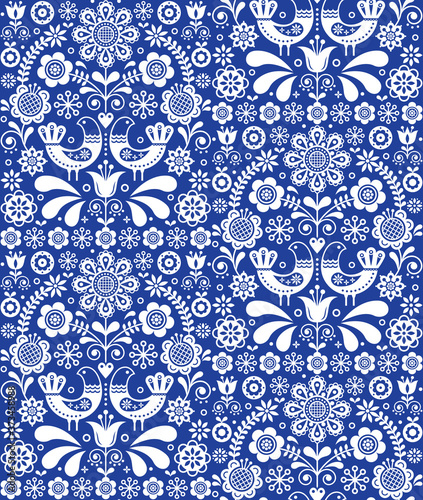 Fotografie Scandinavian seamless folk art vector pattern, floral repetitive background with
