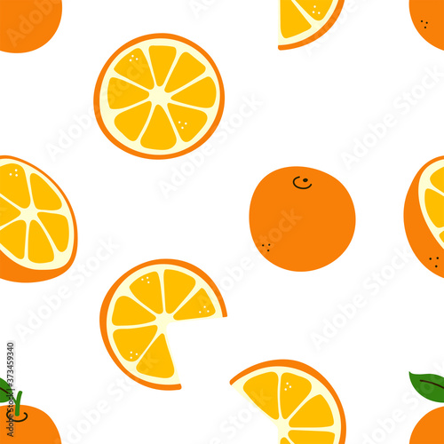 Citrus fruit. Oranges. Orange whole and cut, half and slices. Vitamin C. Vector seamless pattern with elements in warm colors isolated on white. Endless texture, positive print in flat cartoon style.