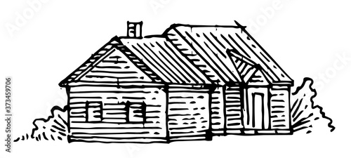 Old rural house. Outline hand drawing. Isolated vector object on white background. Rustic building. Suburban village.