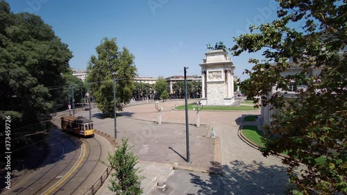 Milan, Italy 08/10/20 side view from a 9m height of Arco della pace with tram