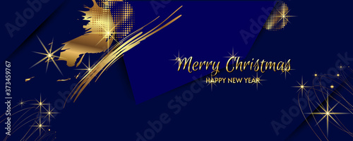 Modern festive Christmas and Happy New Year gold design on a dark background abstract shiny color golden. Vector modern dressy banner