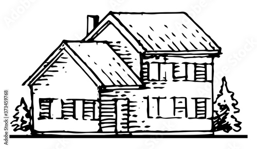 Old rural house. Outline hand drawing. Isolated vector object on white background. Rustic building. Suburban village.
