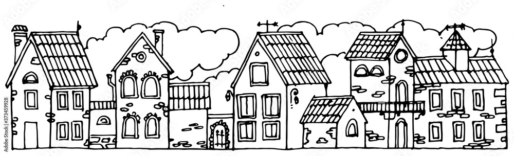 Naklejka premium Village street. Houses and buildings. Isolated vector object on white background. A sketch with a felt-tip pen, ink on paper. Cheerful funny cartoon style.