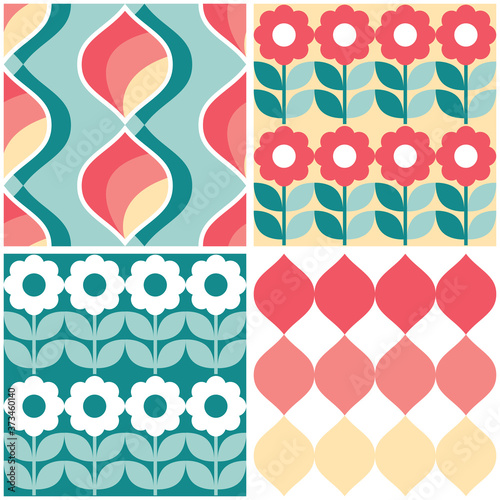 Retro geometric mid-century modern vector seamless pattern set of four, funky repetitive textile designs
