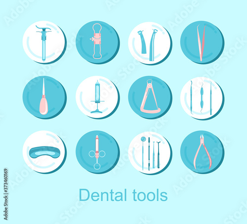 Dental tools.12 Instagram round icons set.Orthodontic prosthetics and filling, treatment of diseases of the oral cavity and caries.Tweezers,probe, spatula, dental crown micrometer.Vector for clinic