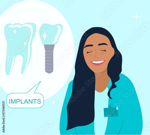 Orthodontist smiling and advertises dental implants.Root canal filling,oral cavity disease and treatment poster.Template for clinic.Young woman is a doctor in medical gown.Two teeth,prosthetic