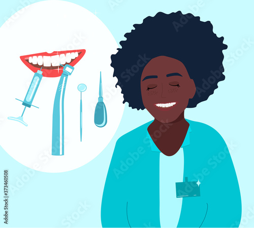 Afro american orthodontics smiling and advertises treatment in clinic.Root canal filling,oral cavity disease poster.Template with dental tools and instruments.Young woman is a doctor in medical gown.