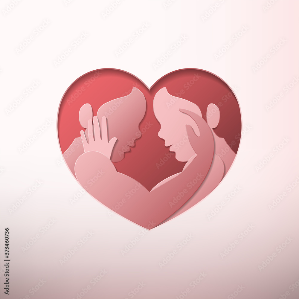 Side view of gay couple caressing each other inside heart shaped frame in paper art silhouette style Side view of gay couple caressing each other inside heart shaped frame in paper art silhouette style