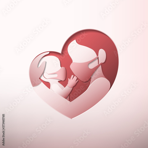 Side view of mother holding a baby with medical face masks and rubber gloves, inside heart shaped frame in paper art style