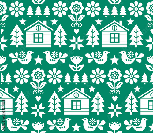 Christmas Scandinavian folk art vector seamless pattern in white on green with Christmas trees, birds, flowers and Finnish house
