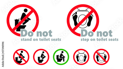 Stop, do not stand on the toilet closet With bare feet or shoes. Do not step on the toilets seat. Water closet icons. Stop halt allowed. Vector attention forbidden caution signs. No ban wc pictogram.
