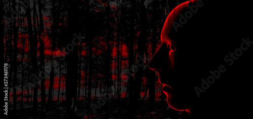 traumatisch dunkel seitlich gesichts profil eines männlichen killers, mörders oder psychopathen im horizontalen banner format 