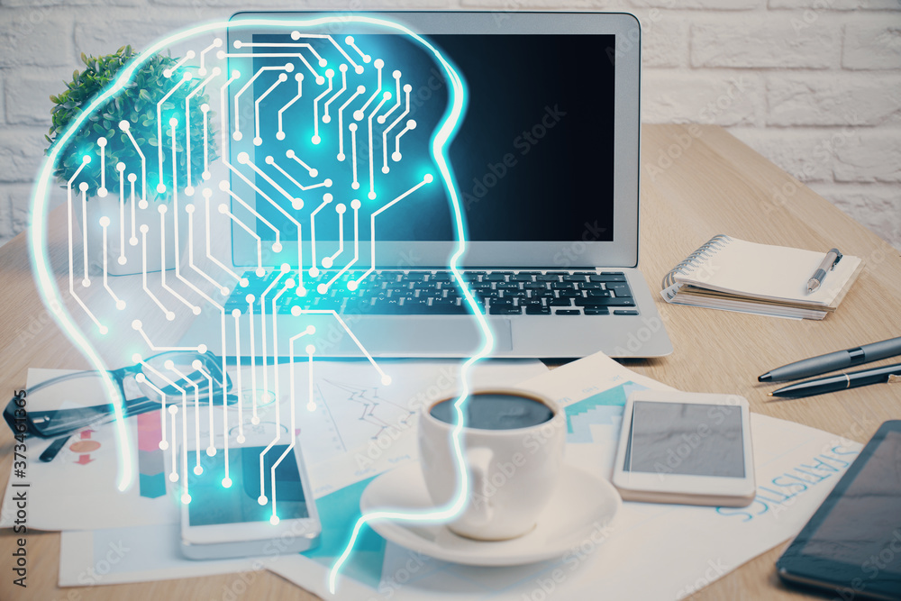 Double exposure of desktop with computer and brain drawing hologram. Artificial intelligence concept. Double exposure of desktop with computer and brain drawing hologram. Artificial intelligence concept.