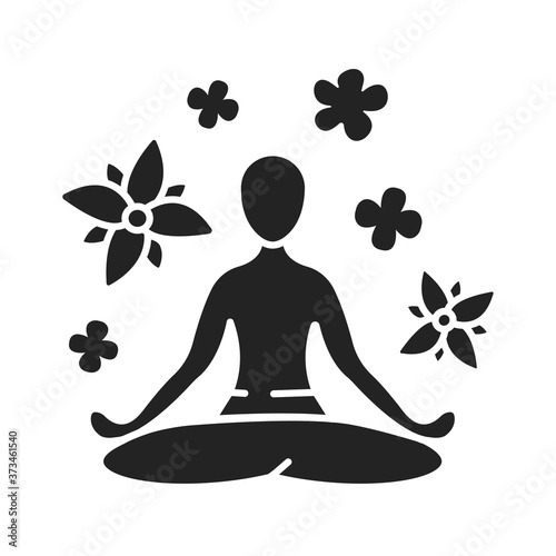 Yoga pose black glyph icon. Asana. Body posture, originally and still a general term for a sitting meditation pose. Pictogram for web page, mobile app, promo. UI UX GUI design element. photo