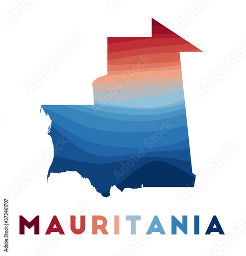 Mauritania map. Map of the country with beautiful geometric waves in red and blue colors. Vivid Mauritania shape. Vector illustration.