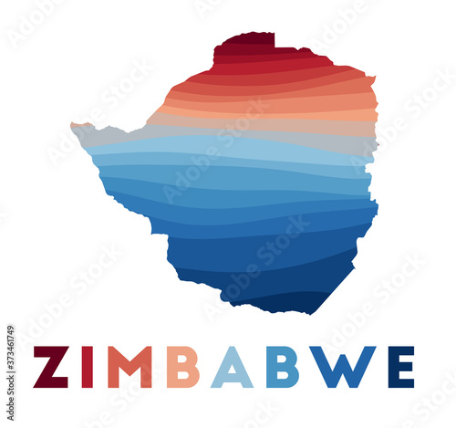 Zimbabwe map. Map of the country with beautiful geometric waves in red and blue colors. Vivid Zimbabwe shape. Vector illustration.