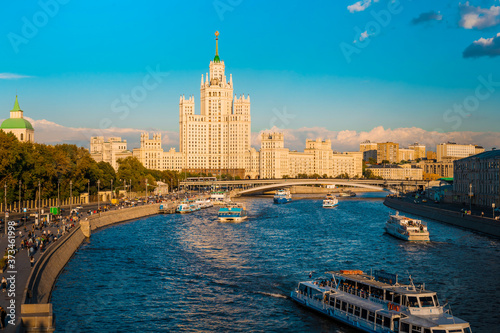 Moscow / Russia - 15 Aug 2020: River tourism on the Moscow river, Panoramic, panoramic view of the beautiful Moscow landmark.