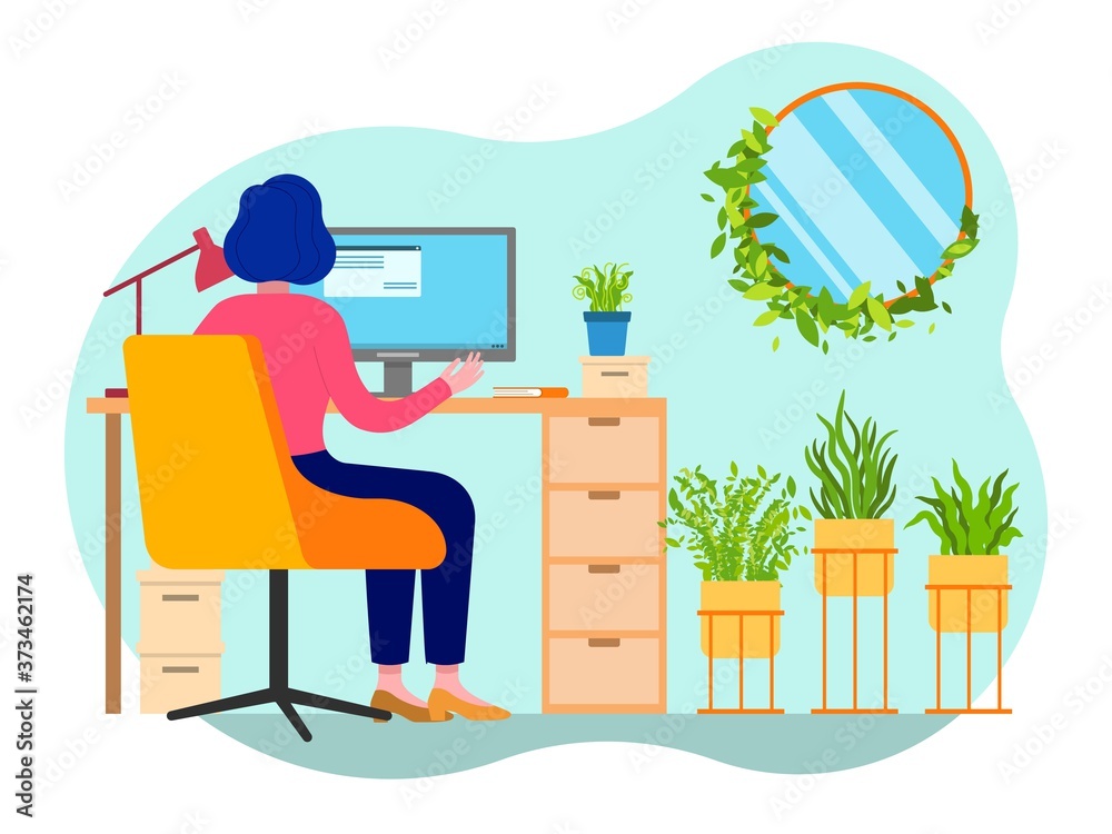Composition people communicate in office, manager report by workers through computer, flat vector illustration, isolated on white. Technology in business, successful leader, work via Internet.