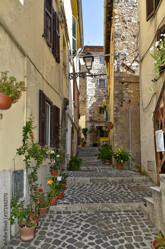 Fototapeta Naklejka Na Ścianę i Meble -  A small street between the old houses of Giuliano di Roma, of a medieval village in the Lazio region, Italy.
