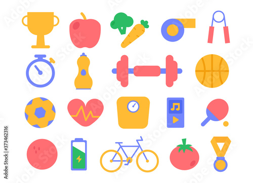 A set of bright and modern healthy lifestyle icons. Sports food, cardio, awards, sports equipment and entertainment. Can be used to showcase fitness, yoga and sports. Motivation to do sports. EPS 10.