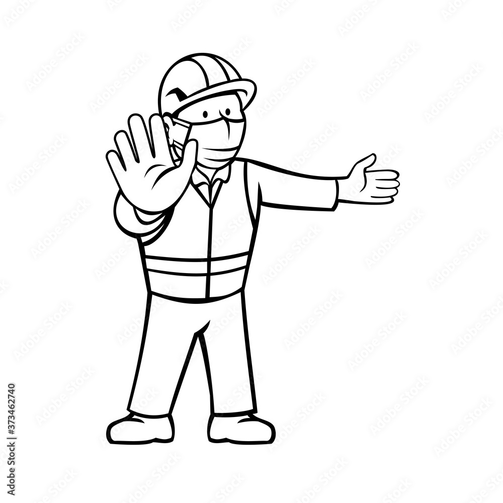 Construction Worker Wearing Face Mask Showing Stop Hand Signal Pointing Black and White Cartoon Construction Worker Wearing Face Mask Showing Stop Hand Signal Pointing Black and White Cartoon