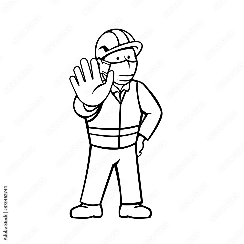 Construction Worker Wearing Face Mask Showing Stop Hand Signal Black and White Cartoon