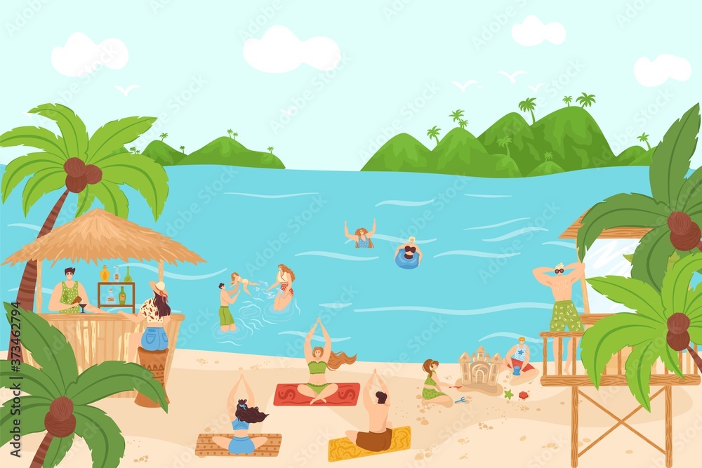 Beach summer sea people activity at vacation, vector illustration. Man woman character travel at leisure holiday, cartoon ocean water. Person fun outdoor relax, swim, sport and sunbathing.