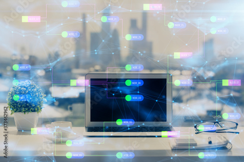 Multi exposure of table with computer on background and data theme drawing. Concept of innovation.