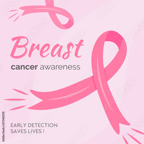 Breast cancer awareness month banner template with pink cartoon ribbons. Mammary cancer solidarity campaign. Oncology survivors vector illustration with typography. Early detection saves lives caption