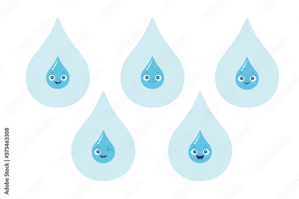 Vector illustration of cute and shiny water drop character set. Blue icon isolated on white background. Vector illustration of cute and shiny water drop character set. Blue icon isolated on white background.